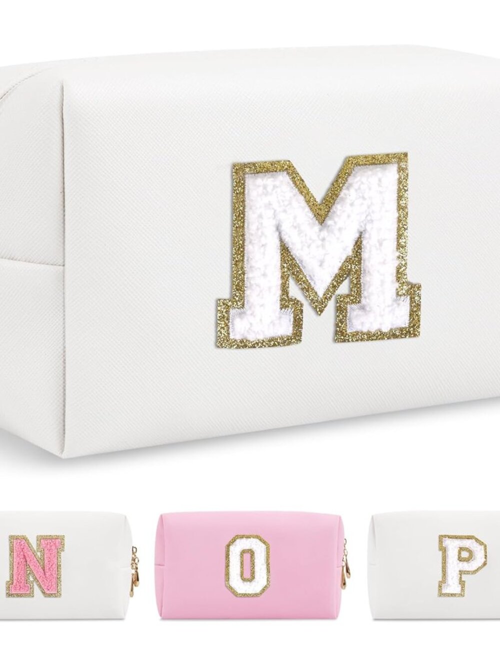Small Personalized Initial A-Z Preppy Patch Makeup Bag,White PU Chenille Letter